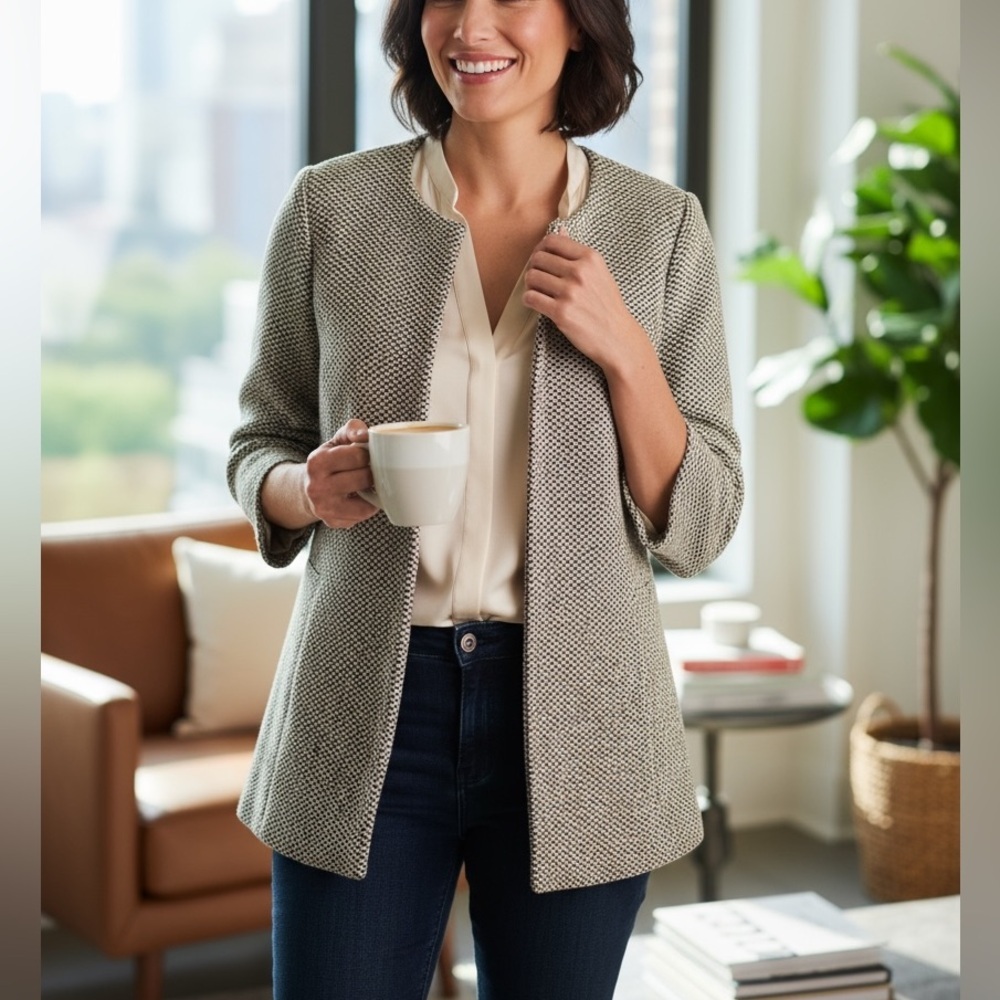Mercer & Madison Metallic Open Front Woven Car Coat Pea Coat
